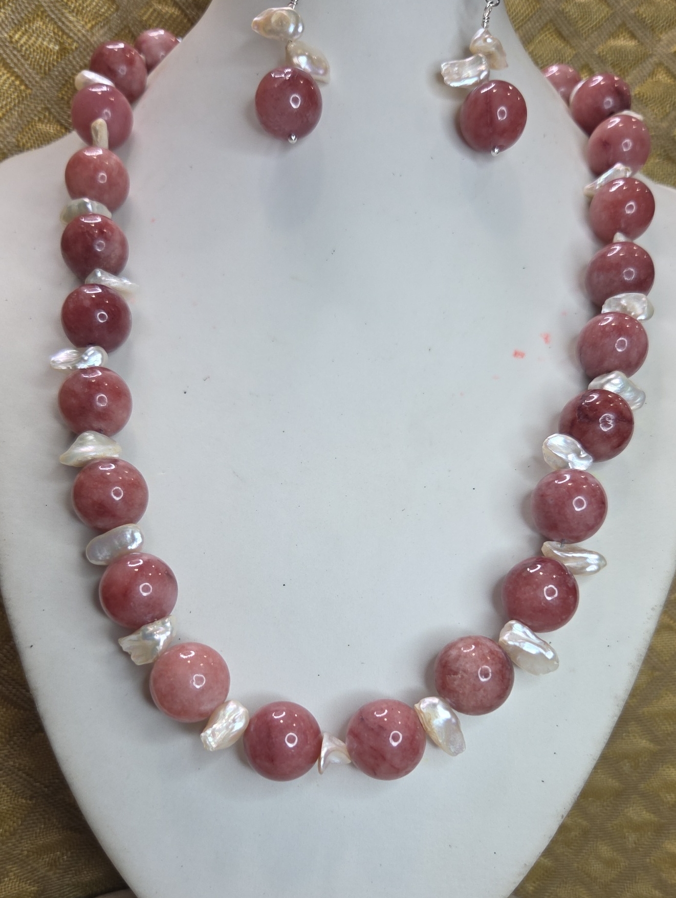 Handcrafted Pink Rhodochrosite Bead Necklace And Earrings With Freshwater Pearl